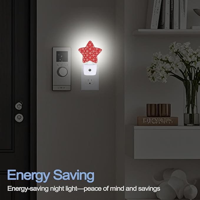 Red Christmas Snowflakes Dusk to Dawn Star Night Light,Winter Smart Sensor Nightlight for Bedroom Kitchen Hallway Stairs,Plug-in Energy Efficient Decor Desk Lamp Women Men Gifts