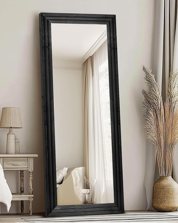 Full Length Mirror 65"x24" Solid Wood Frame Floor Large Mirror for Living Room, Bedroom Hanging or Leaning Wall-Mounted, Black