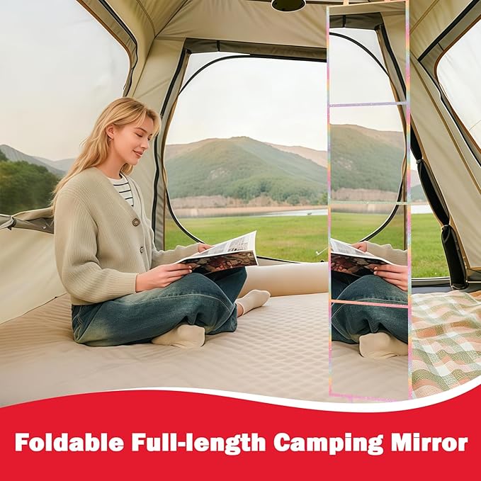 Foldable Full Length Mirror 2-in-1 Wall-Mounted or Tabletop Mirror, Portable Travel Mirror with Handle for Dance Home Bedroom Wardrobe Stage Makeup Checks Camping Outdoor Use (47" x 12.5", Four-Fold)