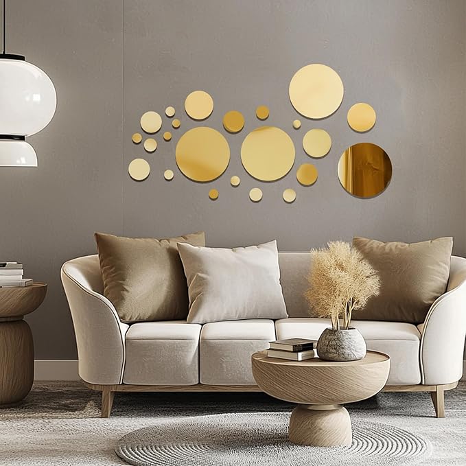 Shappy 32 Pieces Mirror Wall Stickers Removable Acrylic Setting Adhesive Round Circle Mirror Tiles Decals for Home Living Room Bedroom Decor(Gold,Small Size)
