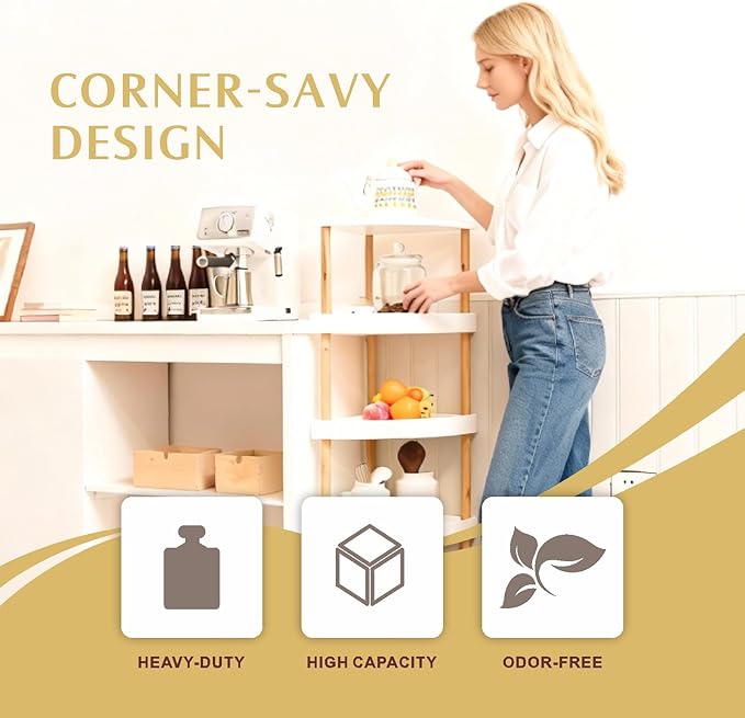 Bamboo 5-Tier Corner Shelf Stand with 5-Layer Lacquer & 4 Sturdy Legs, Space-Saving Durable Corner Rack Organizer for Bathroom, Kitchen, Bedroom, Living Room, Easy Clean Display Shelf Organizer