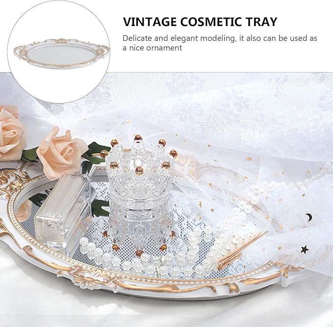 Vintage Mirror Tray Retro Jewelry Perfume Storage Plate Oval White Decorative Makeup Organizer Photography Prop for Home Vanity and Display