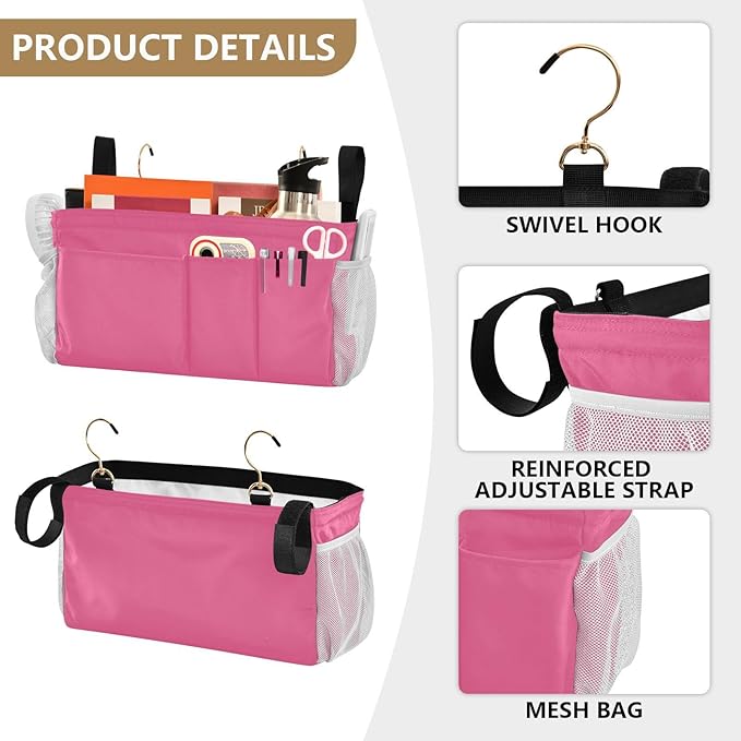 Neon Rose Red Bedside Caddy Storage Bag Bedside Organizer for Dorm Room Top Bunk Bed Hanging Bag Bedside Shelf 6 Pockets with Hooks for Magazine Water Bottle Holder