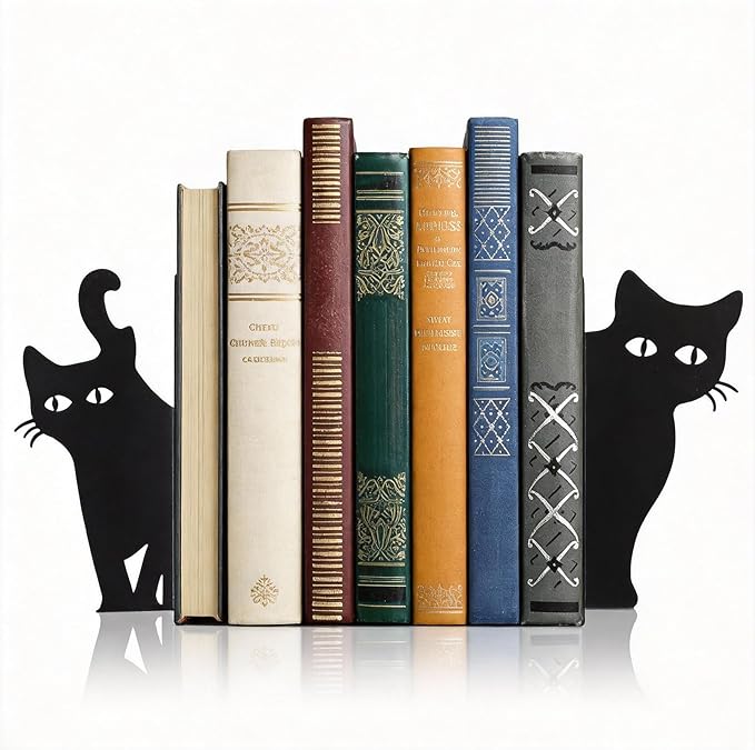 Peeping Cat Bookends Set of 2 - Heavy Duty Metal Bookends for Study & Office Bookshelf, Decorative Cat Lover Gifts, Non-Slip Book Organizers with Whimsical Peeking Cat Design