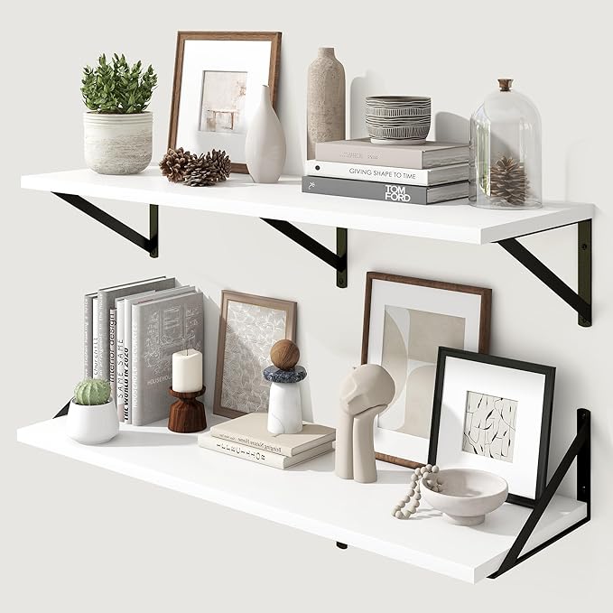 Marsmiles White Floating Shelves for Wall - 36 Inch Wide x 12 Inch Deep Wall Shelves Set of 2 - Wood Floating Shelves for Living Room Bedroom Bathroom