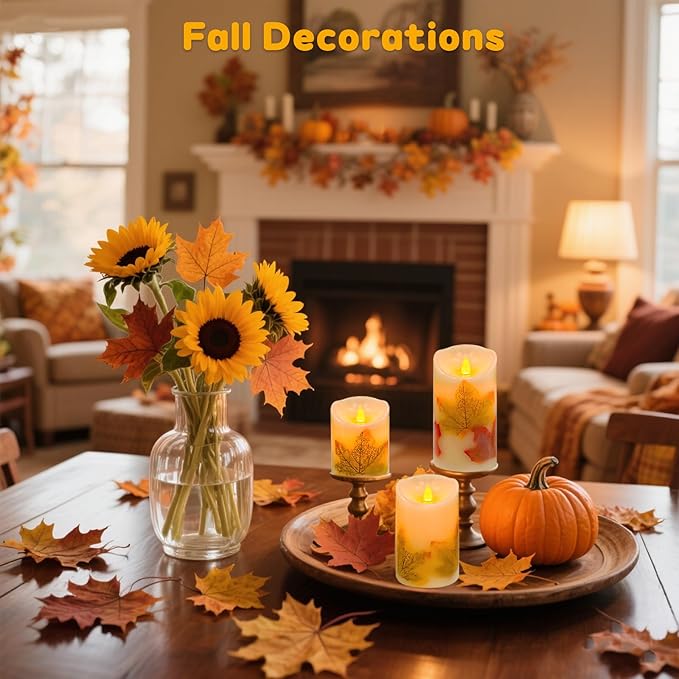 Flameless Candles Lights,Set of 3 Maple Leaf Flickering LED Candles with Remote & Timer, Dimmable LED Pillar Candles Battery Operated, Electric Candles for Thanksgiving Halloween Fall Harvest Decor