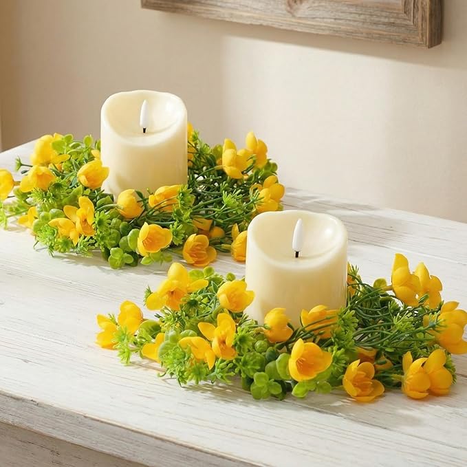 Daifunli 2 Pcs Spring Summer Faux Primrose Flowers Candle Rings Artificial Silk Yellow Flower Farmhouse Wreaths for Pillar 3.9 Inch Candles Holder for Spring Summer Rustic Table Centerpiece Decor