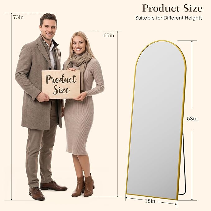 58"x18" Arched Full Length Mirror with Stand, Free Standing Leaning Wall Mounted Aluminum Alloy Frame Mirror for Bedroom Living Room Cloakroom, Gold
