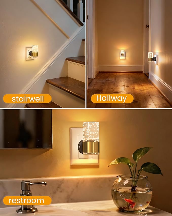 NIORSUN Night Light Plug into Wall, Dimmable Nights Lights with 3 CCT & 5 Brightness Levels, Slim Acrylic Plug in Night Light, Auto Dusk to Dawn Sensor for Stairs, Hallway, Bathroom, Gold, 6 Pack
