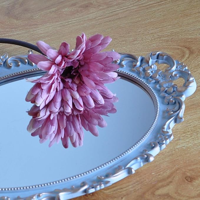 Oval Decorative Mirror Tray, French Style Flower Frame, Makeup Organizer, Jewelry Organizer, Serving Tray, 9.8"x 14.6", Golden Grey