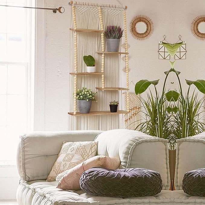 Macrame Wall Hanging Shelf Boho Wall Decor Home 2 Tier Hanger Shelves Braided with Tassels Shelves Organizer for Kitchen, Bedroom, Home Storage, Floating Plant Shelf (Wood)