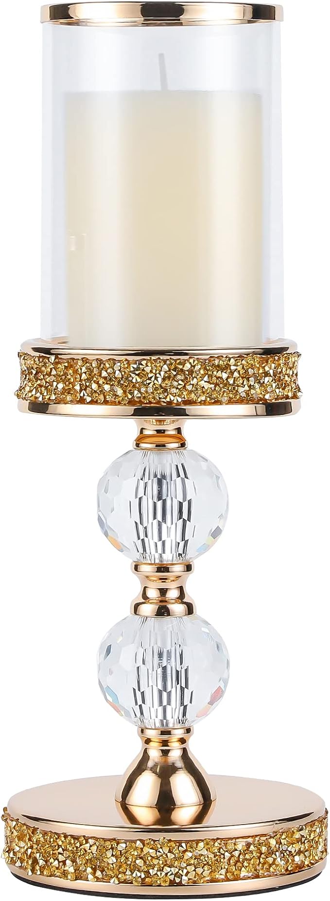 Pillar Candle Holder, 13 Inch Crystal Candlesticks for 3''X5'' Candles, Dining Coffee Table Decor, Wedding, Events, Parties - Glass and Gold Finish