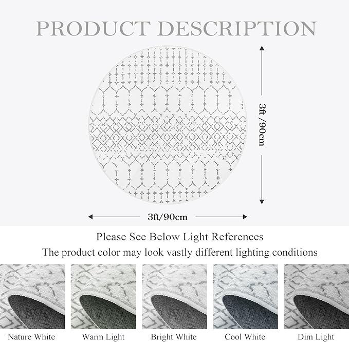 Lahome Moroccan Round Area Rug - 3Ft Round Rug Non-Slip Washable Soft Round Bathroom White Throw Small Circle Rug for Bedroom, Modern Geometric Print Low-Pile Round Rugs for Entryway Kitchen Sofa Hana