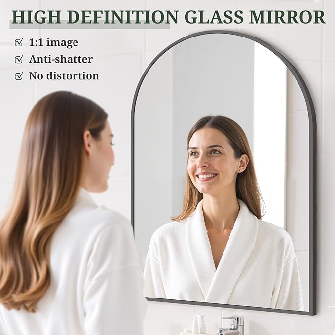 Arched Wall Mirror 38x26 Inch Black Bathroom Vanity Mirror with Metal Frame, Modern Arch Mirror for Bedroom, Living Room, Entryway, Wall Mounted Decorative Mirror