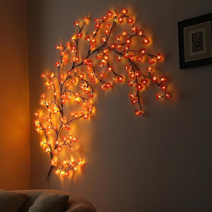 NIDISETPJAS Cherry Blossom Lights with Remote, 7.5 Ft 144 Flowers Enchanted Willow Vine Lights, 18 Branches 144 LEDs Lighted Willow Vine Tree Lights for Walls Bedroom Home Room Decor, Brown Branch