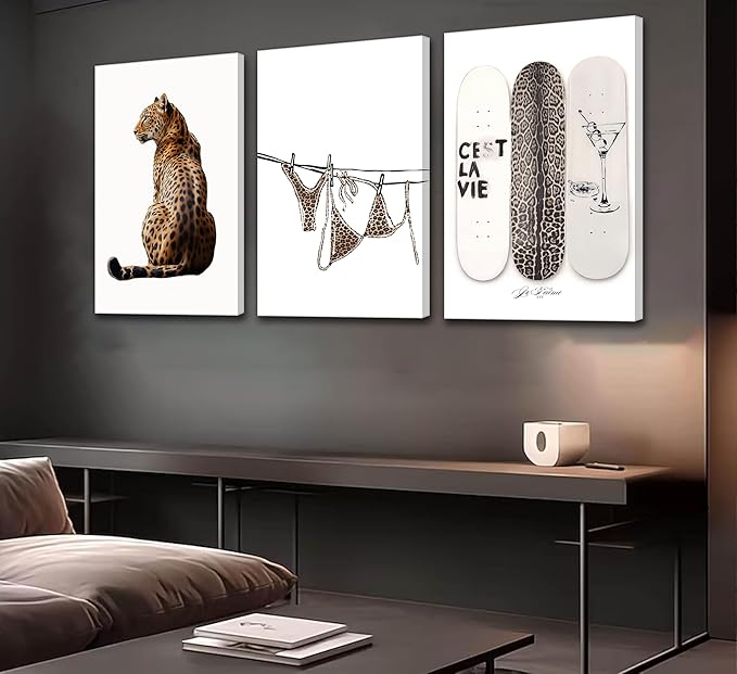 TOLAN 3Pcs Trendy Leopard Print Canvas Wall Art Stylish Female Aesthetic Poster Cheetah Printed Preppy Fashion Skateboard Picture Wall Decor for Bedroom Apartment Dorm Living Room Home Decoration