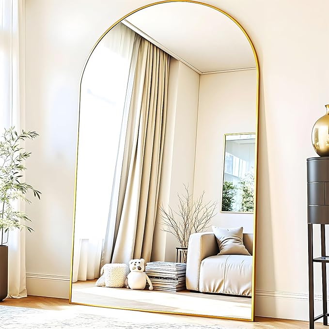 KOMCOTE Full Length Floor Mirror, 91x46 Inch Oversized Arched Standing Mirror in Gold for Bedroom, Living Room, Dressing Room - Elegant Freestanding Leaning Mirror Decor