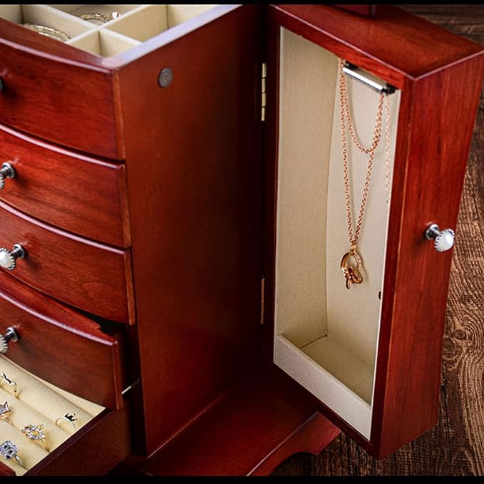 Jewelry Storage Box Makeup Organizers Wooden Jewelry Box for Women with Tower Style 4 Drawers Organizer and 2 Separated Open Doors