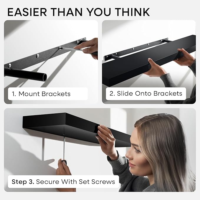 Homeforia Black Floating Shelves 30 inches Long, High End Solid Real Wood 30 inch Floating Shelf for Wall Mounted, Black Wooden 30in Floating Shelves, Heavy Duty Bracket, 30 X 6.5 X 1.75 in, Set of 4