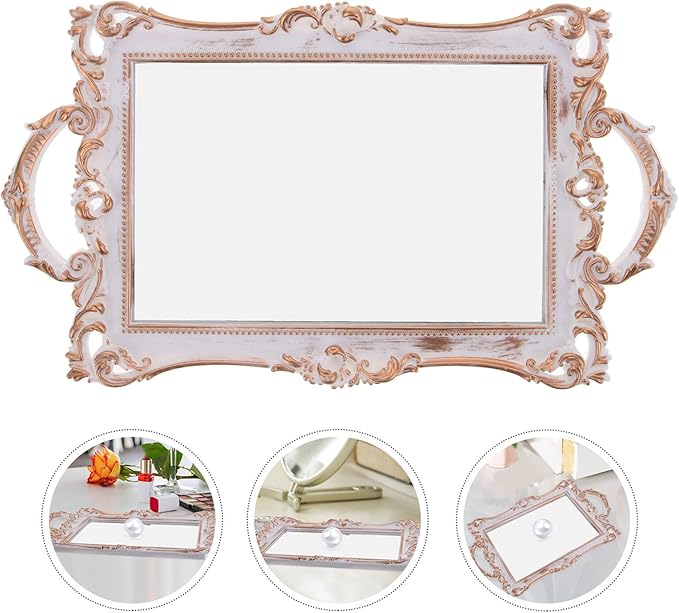 CALLARON Vintage Gold Mirror Vanity Tray Decorative Trinket Dish Jewelry Holder for Perfume and Makeup Organizer Bathroom Dresser Accent
