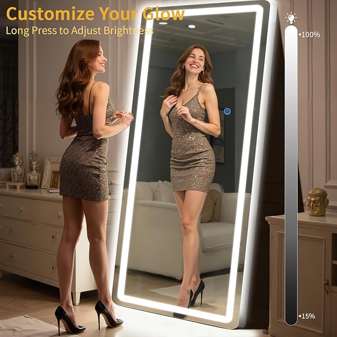 Standing Mirror Full Length with LED Lights, 76"x34" Lighted Mirror with Dimming & 3 Color Lighting, Tall Mirror Full Body for Bedroom, Dressing Room
