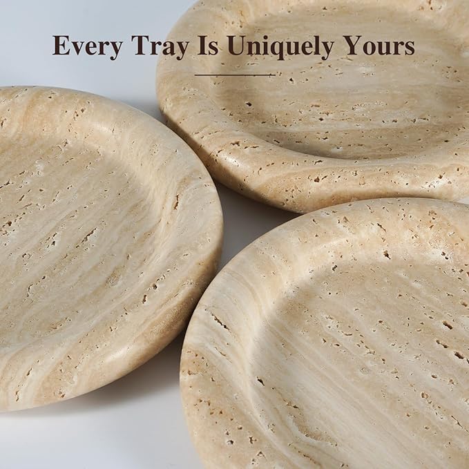 Natural Beige Travertine Vanity Tray - 8 Inch Round Stone Makeup & Jewelry Organizer Dish, Decorative Marble Tray for Bathroom Countertop, Coffee Table, Bedroom