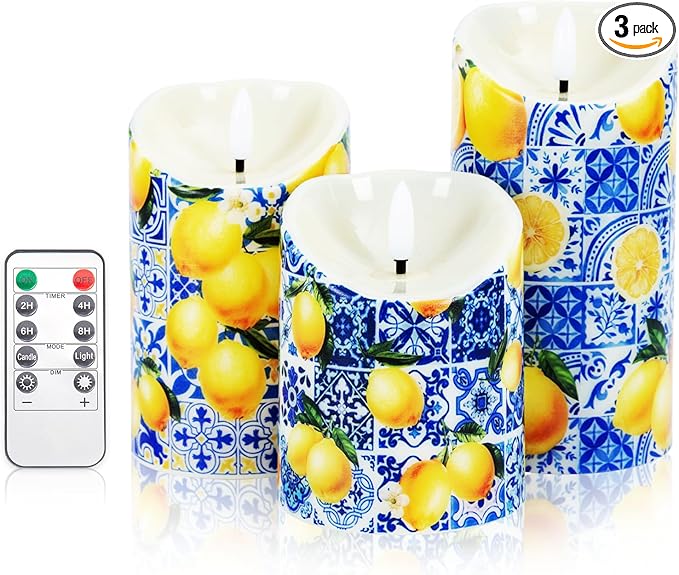 3 Pcs Capri Blue White Lemon Flameless Candles Battery Operated LED Mediterranean Blue White Flickering Pillar Blue Tiles Lemon Printed Faux Candle for Capri Party Wedding Home Party