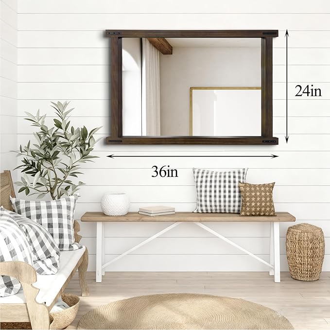 Rustic Wood Bathroom Mirror 36"x24" Farmhouse Wall Hanging Vanity Mirror Decorative Wall Mounted Mirrors for Bedroom Entryway Living Room
