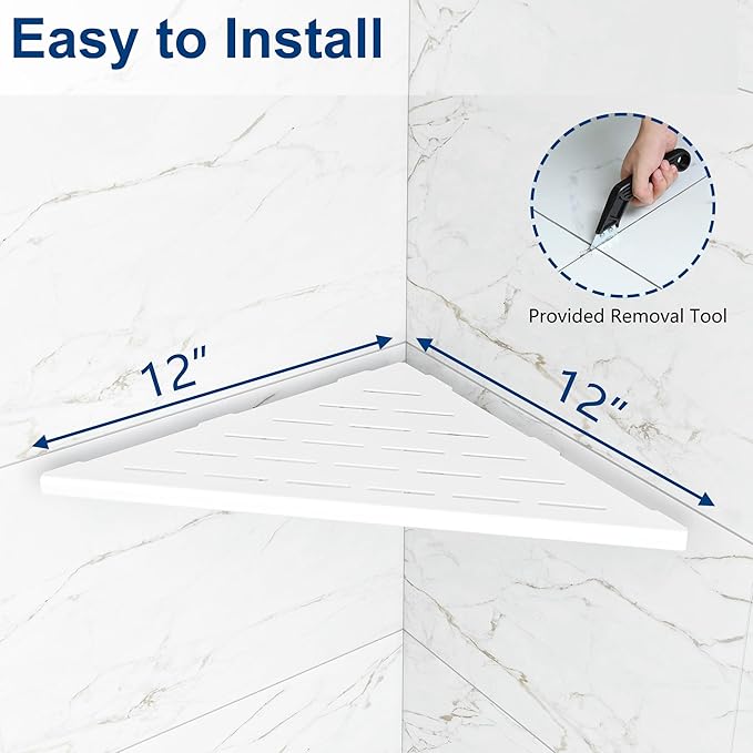 Qeke Corner Shower Shelves, 12” Recessed Tile Shower Shelf, 304 Stainless Steel Grout in Corner Tile Shower Shelves, No Drilling, Matte White, 2 Pack