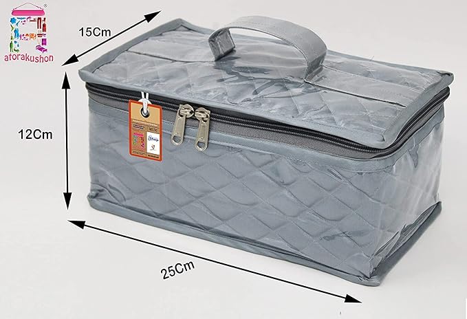 atorakushon Satin Makeup Kit Travel Jewelry Organizer Locker Box Pouch Clutch Bag for Necklaces Earrings Rings and Bracelets Grey Color