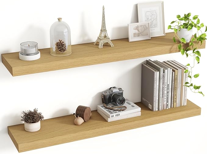 Acovy 36 Inch Floating Shelves, 8 Inch Deep Floating Shelves for Wall, Hanging Shelf with Invisible Brackets, Deep Shelves for Bathroom, Bedroom, Living Room, Oak, Set of 2