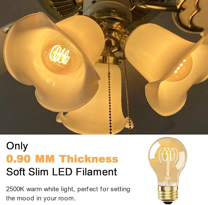 BLINGCOLOR A19 Vintage LED Edison Light Bulbs 40 Watt, 4-Pack Dimmable A19 4W LED 2500K Warm White Light Bulbs, E26 Base, 4W Equal 40 Watt Incandescent Bulbs, Decorative Antique Bulb, 300LM