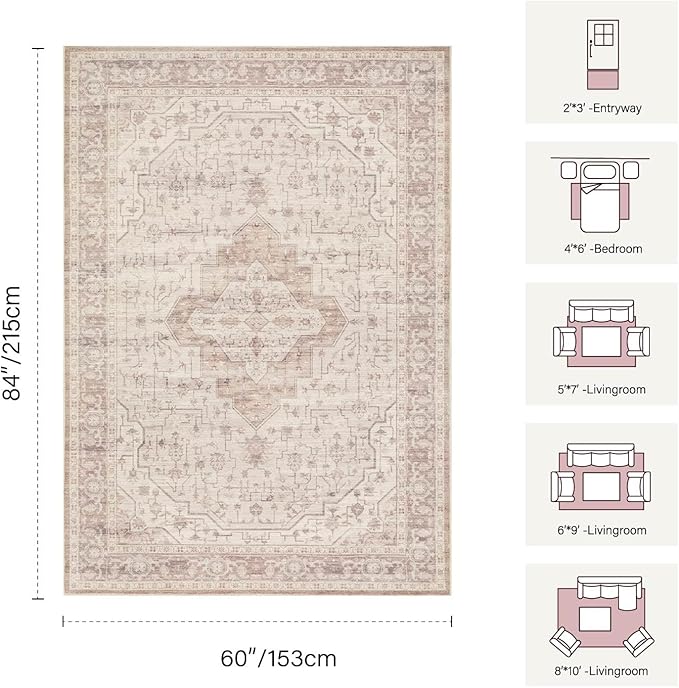 Rugxara 5x7 Soft Pink Washable Area Rug for Living Room & Bedroom, for Girls Women, Non Slip, Durable Low Pile Carpet, Vintage Carpets for Office, Dining Room, Kids Room and Farmhouse