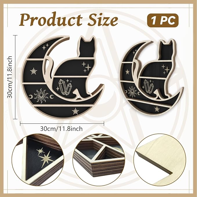 peacoblue Moon and Cat Shaped Crystal Display Shelf 11.1" L× 11.8" W× 1.2" Wooden Wall Mounted Decor for Crystals, Gemstones & Trinkets for Bohemian, Witchy & Modern Interiors