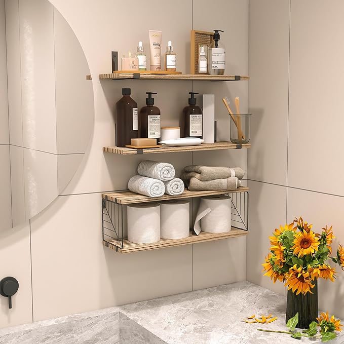 Fixwal Bathroom Floating Shelves Over Toilet, 15.8in Farmhouse Rustic Wood Shelves, Wall Decor for Bathroom, Living Room,Bedroom and Kitchen (3 Plus 1 Tier Rustic Brown)