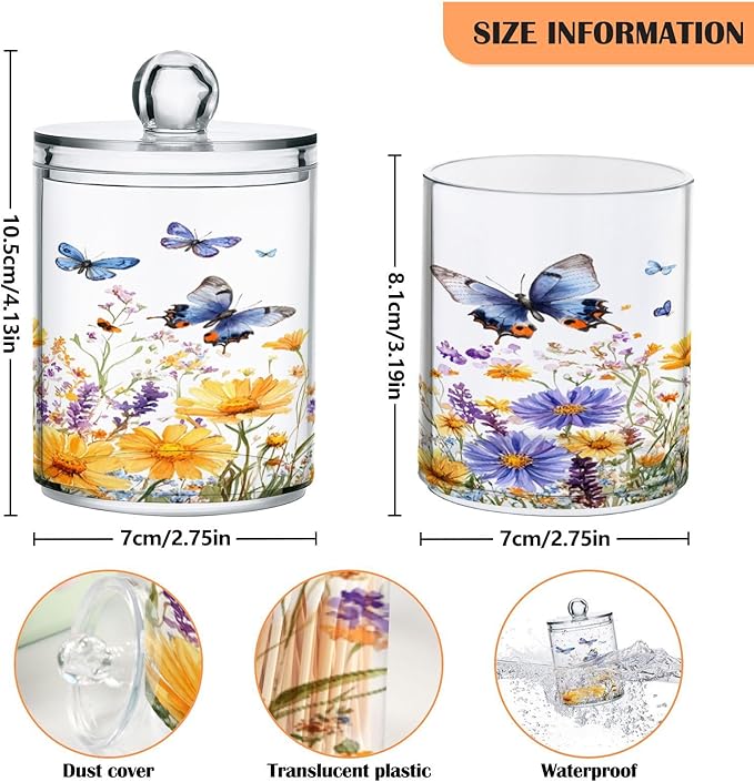 Nander 4Pack Beautiful Spring Wildflowers and Butterflies Qtip Holder Dispenser -Clear Plastic Apothecary Jars Set - Restroom Bathroom Makeup Organizers Containers for Cotton Swab, Ball, Pads, Floss