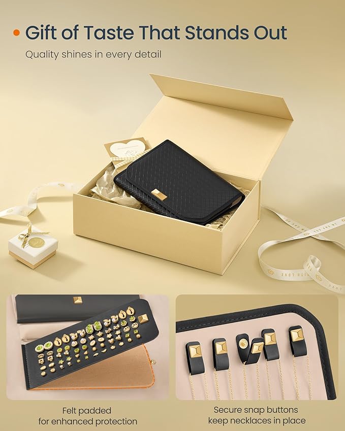 SONGMICS HOME Travel Jewelry Case, Foldable Jewelry Organizer with Mirror, Sectioned Storage, Large Capacity, Woven Embossed PU Leather, Gift Idea, Ink Black UJBC196B01