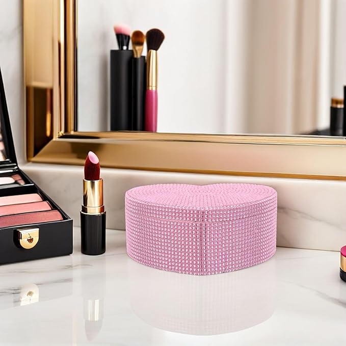 minkissy Heart Shape Jewelry Box with Mirror, Small Pink Rhinestone Double Layer Jewelry Organizer for Rings Earrings Hair Ties, Makeup Storage Case