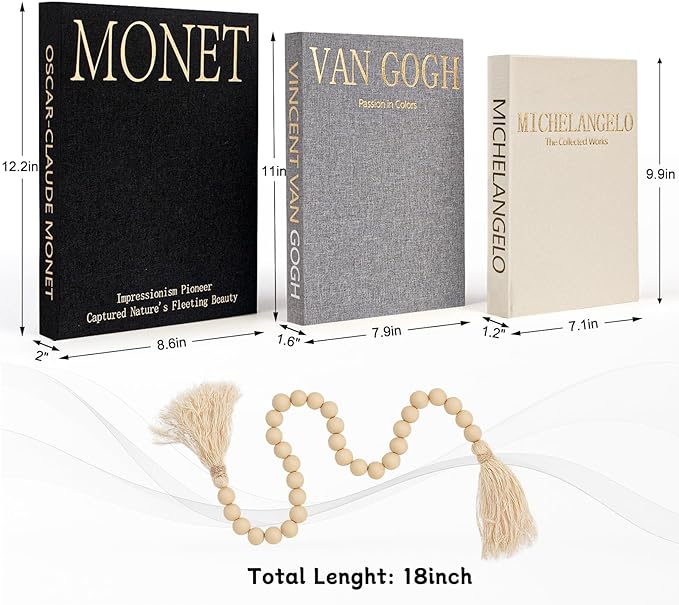 Aesthetic Decorative Books for Home Decor w. Wood Bead - Set of 3 Linen Fake Books for Decoration, Coffee Table Book Box Decor for Mantle/Bookshelf/Farmhouse/Entryway/Nightstand