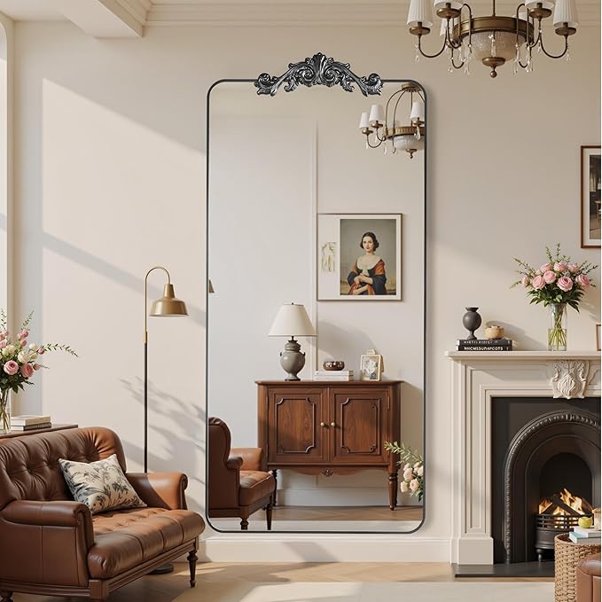 Vintage Full Length Mirror, 71"x32" Floor Mirror with Carved, Full Body Mirrors for Home Decor, Standing/Hanging Large Wall Mirrors for Bedroom/Living Room/Entryway, Black, Retro Style
