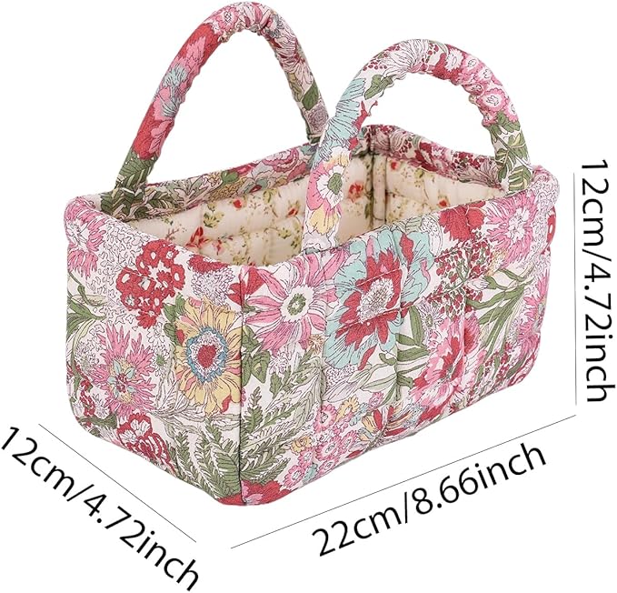 Mini Storage Basket, Small Quilted Boho Fabric Organizer Bin with Handle, Portable Collapsible Basket for Socks, Keys, Diaper