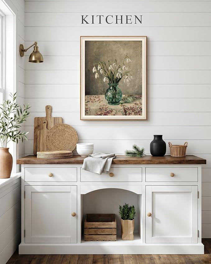 VIYYIEA Framed Wall Art for Living Room, Snowdrop Flowers in Green Glass Vase Canvas Prints, Vintage Floral Still Life Home Decor, Bedroom Wall Decor, Kitchen Aesthetic Art, 16x20 Inch