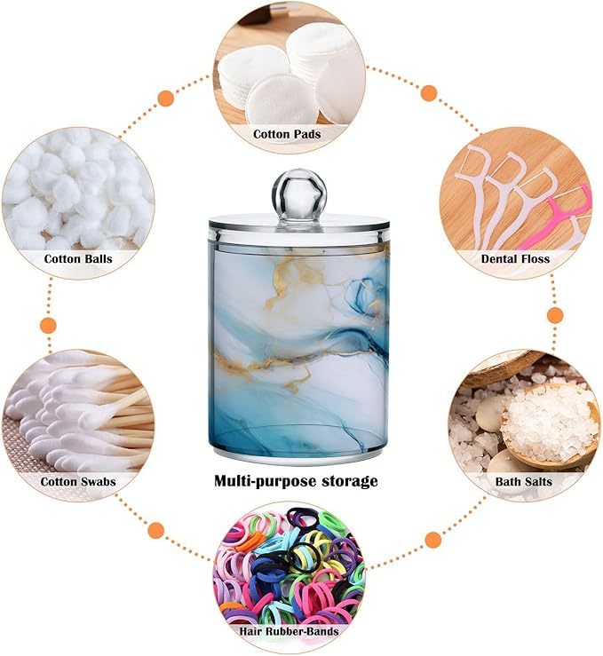 4 Pack Qtip Holder Dispenser Gold Marble Blue Fluid Marble Cotton Ball Swab Round Pads Floss Clear Bathroom Storage Containers Plastic Apothecary Jars with Lids