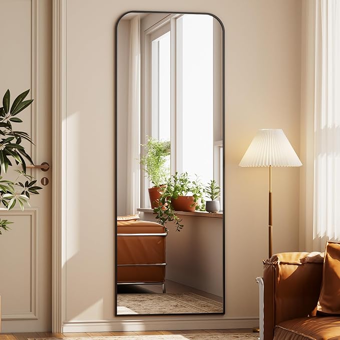 Full Length Mirror 64"x21" Arched Floor Standing Large Mirrors Full Body Mirror with Stand - with Aluminum Frame for Bedroom Living Room, Black