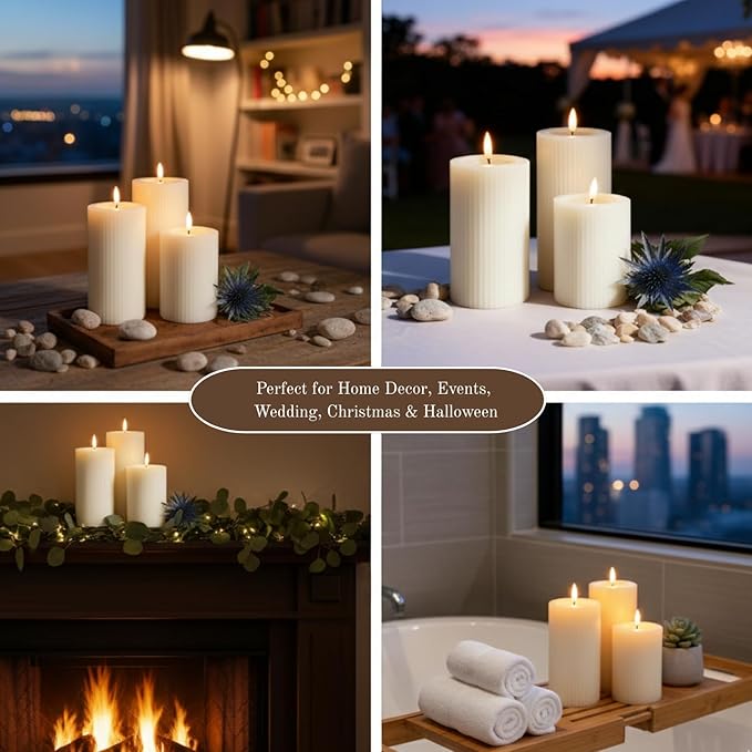 Fluted Ribbed LED Pillar Candles, Cream Beige, with Reflective Melted-Wax Effect – Flickering Flame, Remote, Dimmable, Flameless, Battery Operated, Home & Wedding Decor (Set of 3)