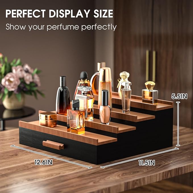 Sephyroth Cologne Organizer for Men 4 Tier of Elevated Cologne Display Shelf with Drawer Storage Perfume Organization and Storage Display Risers,Great Gift for Man(4Tier-BlackWalnut)