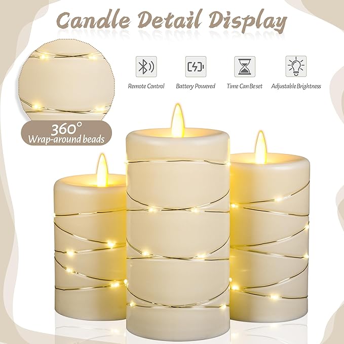 Da by Flameless Candle with Recessed Fairy Lamp, Dynamic Flame Candle Battery Powered with Timer & Remote Control 3-Piece Set