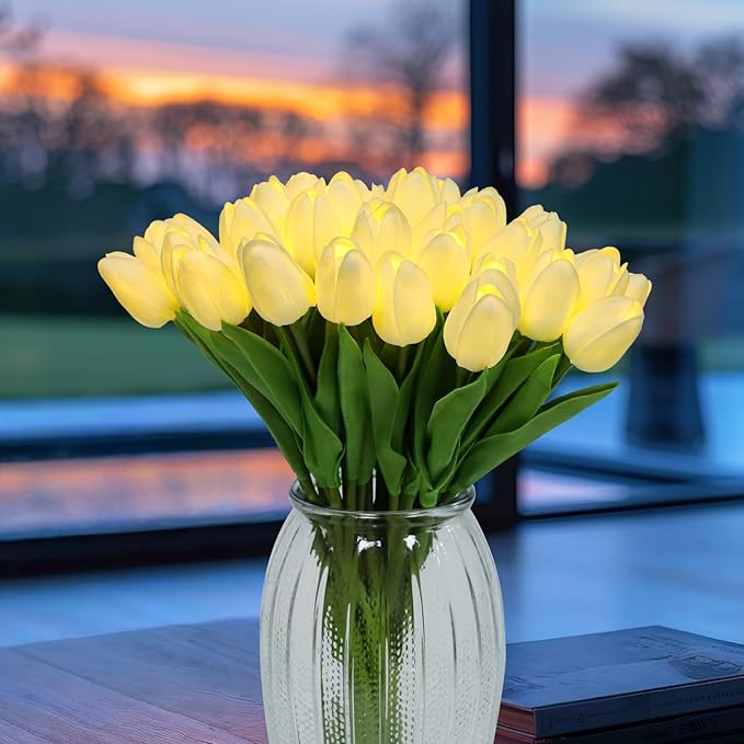HOMESEASONS Pre-Lit 20pcs LED Lighted Fake Flowers Artificial Tulips Real Touch Tulip Bouquet 15" Faux Tulips for Easter Decor Spring Decor Mother's Day Home Kitchen Wedding Decorations(Cream)