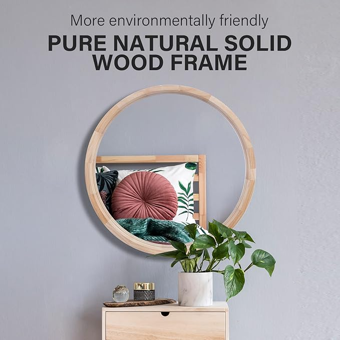 CONGUILIAO Round Mirror, 30 Inches Wood Mirror, Wall Decorative Circle, Nature Big Bathroom Large Vanity Farmhouse for Living Room Bedroom Entryway