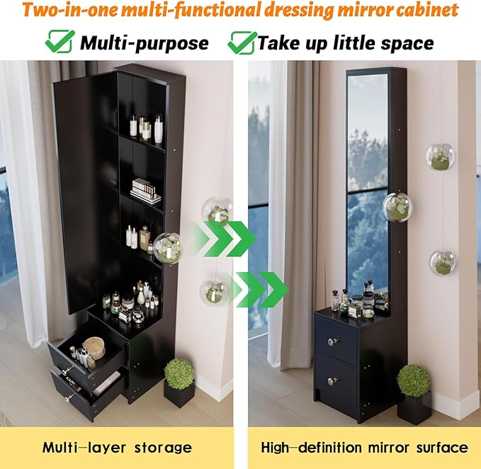 anwickjeff Full-Length Mirror with Storage, Standing Nightstand Mirror Cabinet with 2 Drawers & 4 Shelves, Makeup Storage Organizer, Gift for Women Girls (Black)